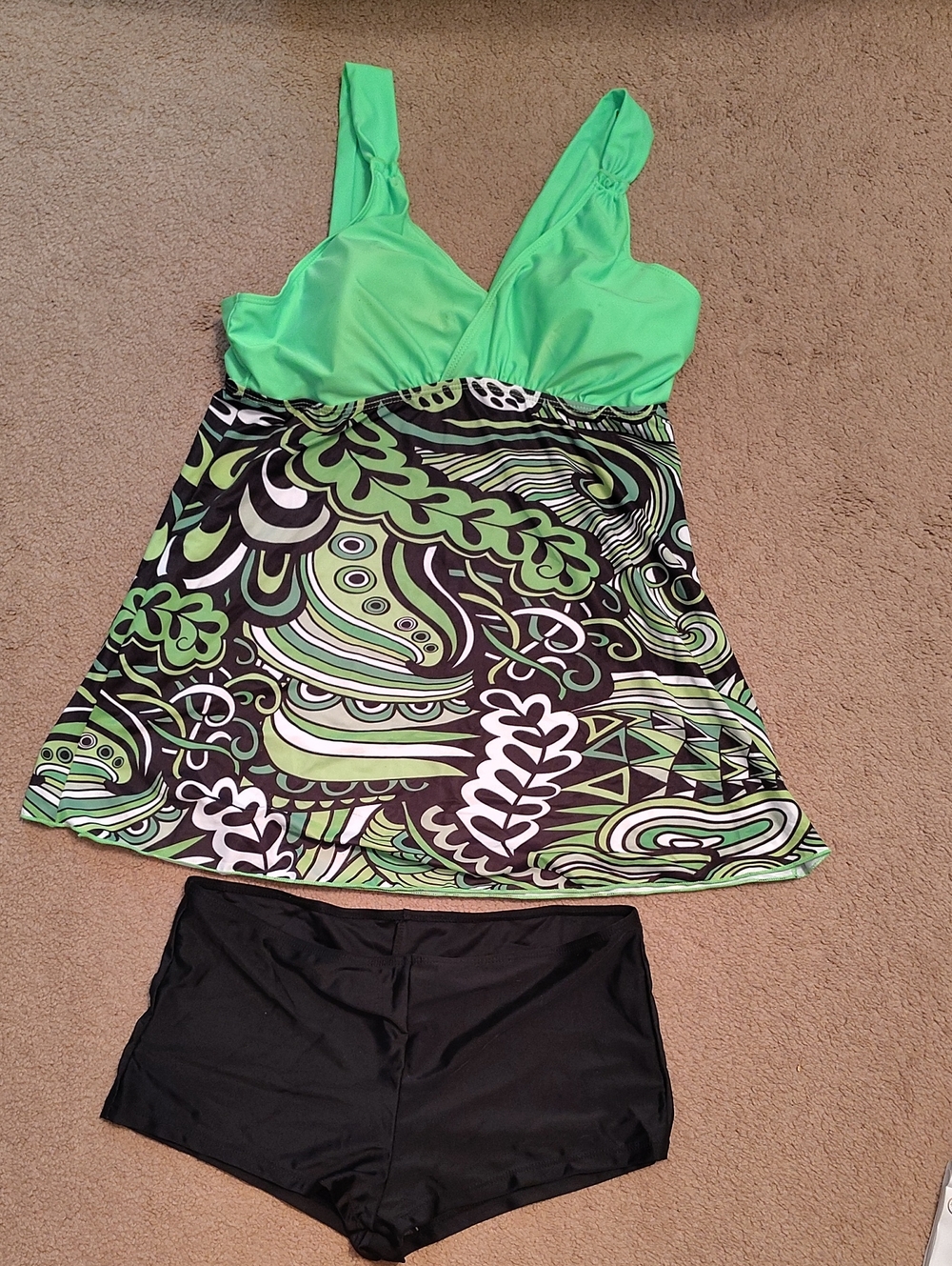 Green Patterned Tankini Top with Black Swim Shorts